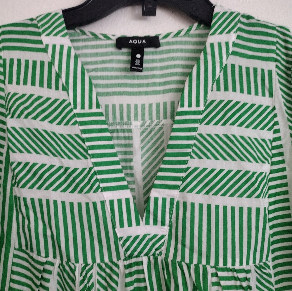 Aqua Green and White Striped Tiered Ruffled Mini Dress Size Medium - Picture 9 of 12